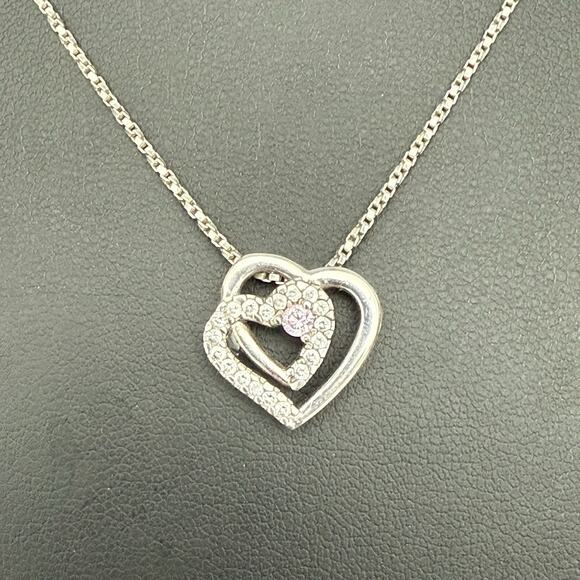 EC 925 Sterling Silver Pink & Clear CZ Double Heart Pendant Necklace 16” Vintage - Picture 1 of 8